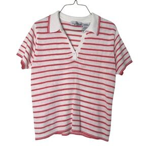 White Stag Vintage Coral Pink White Striped Knit Polo Top Size Medium
